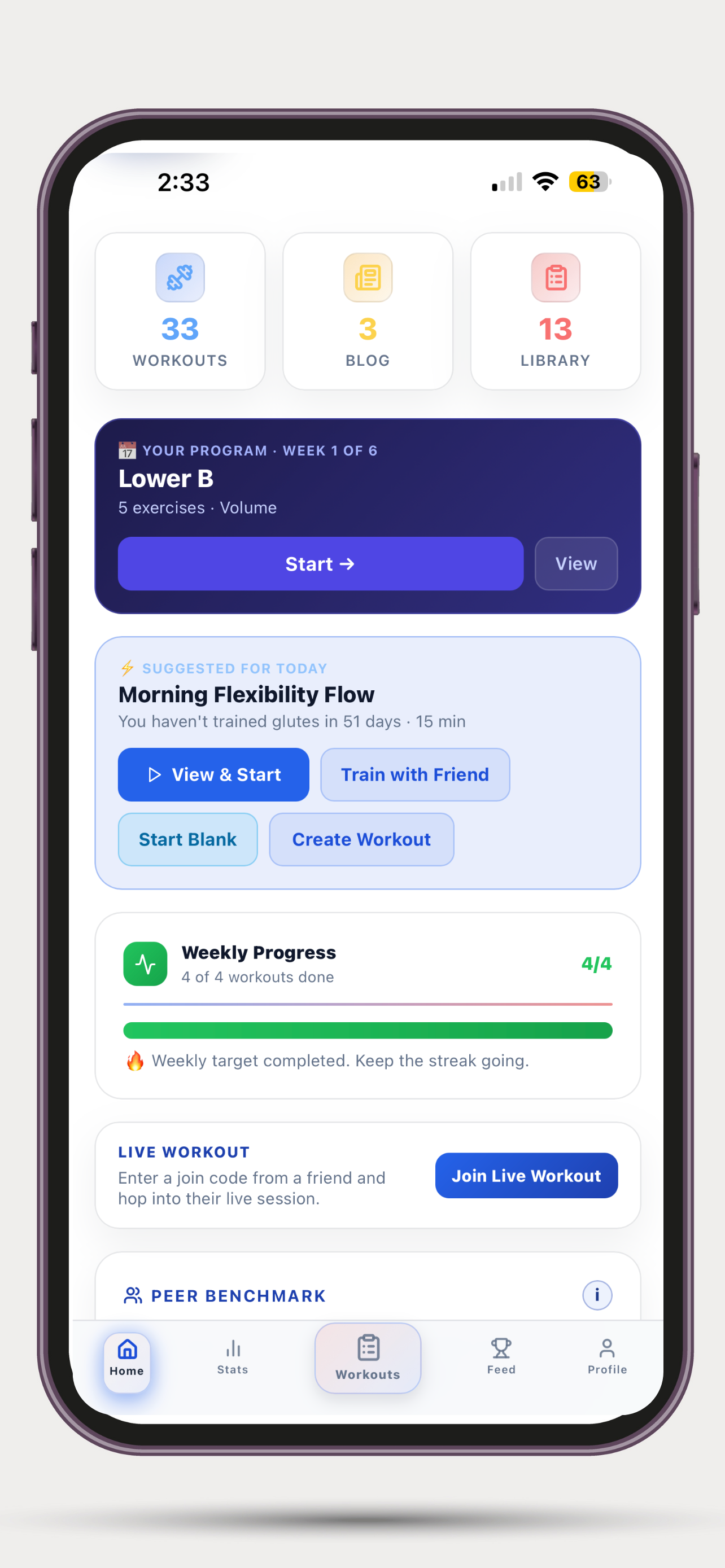 Spottr app showing weekly workout progress, Train with Friend, and Live Workout features
