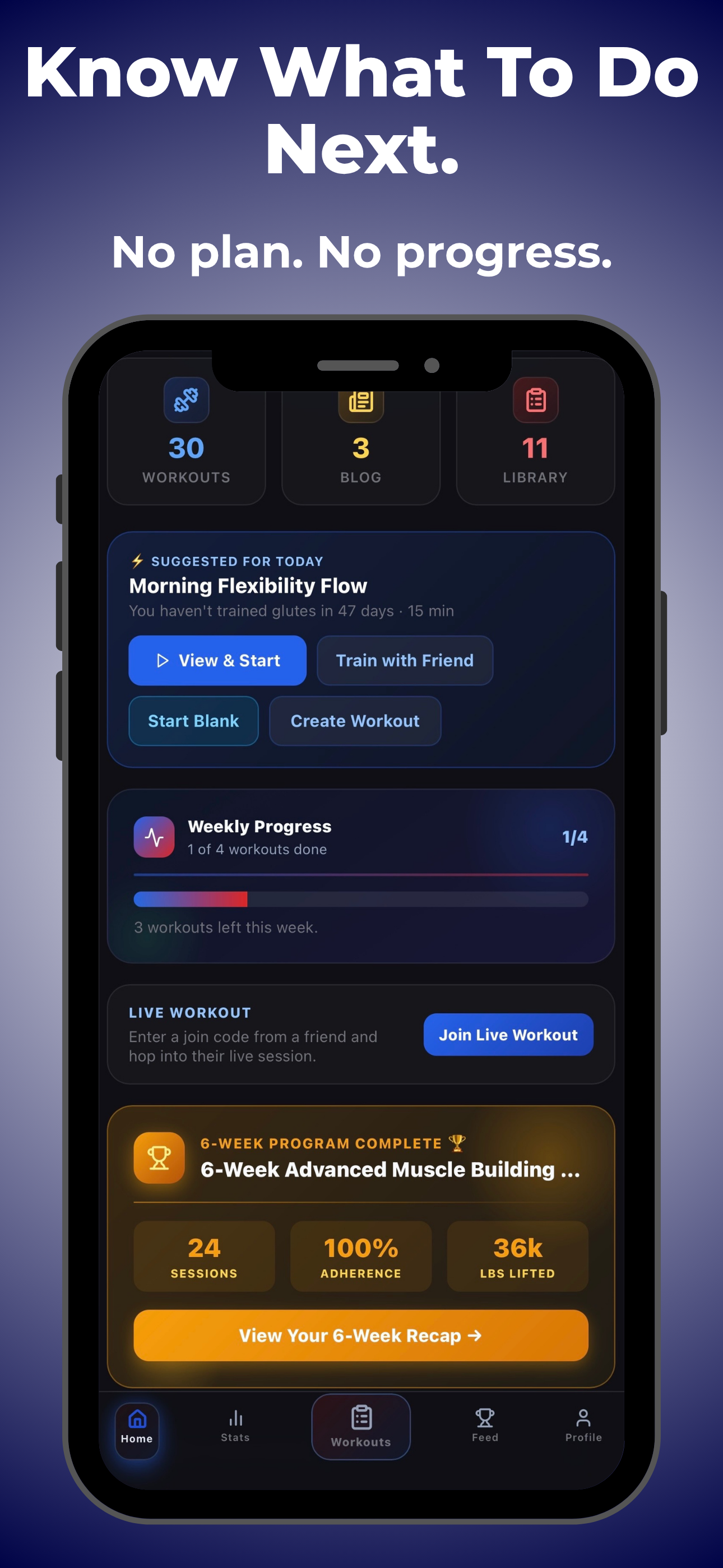 Spottr home screen showing suggested workouts and weekly progress