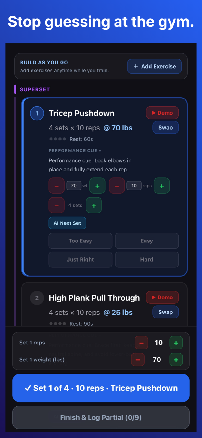 Spottr live workout adjustments during a session