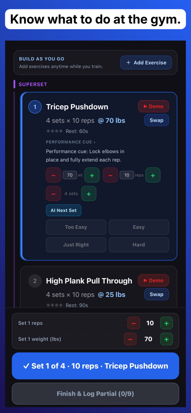 Spottr workout flow with set tracking and cues
