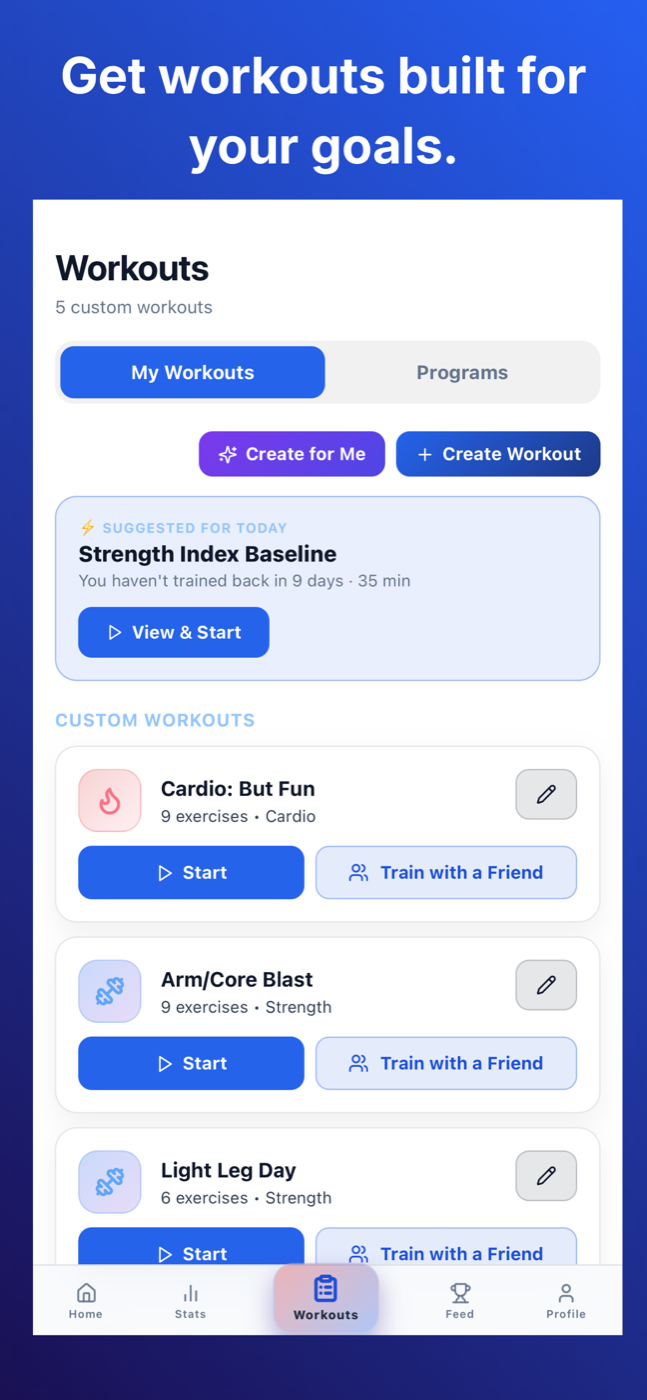 Spottr workouts screen with suggested plan and custom workouts