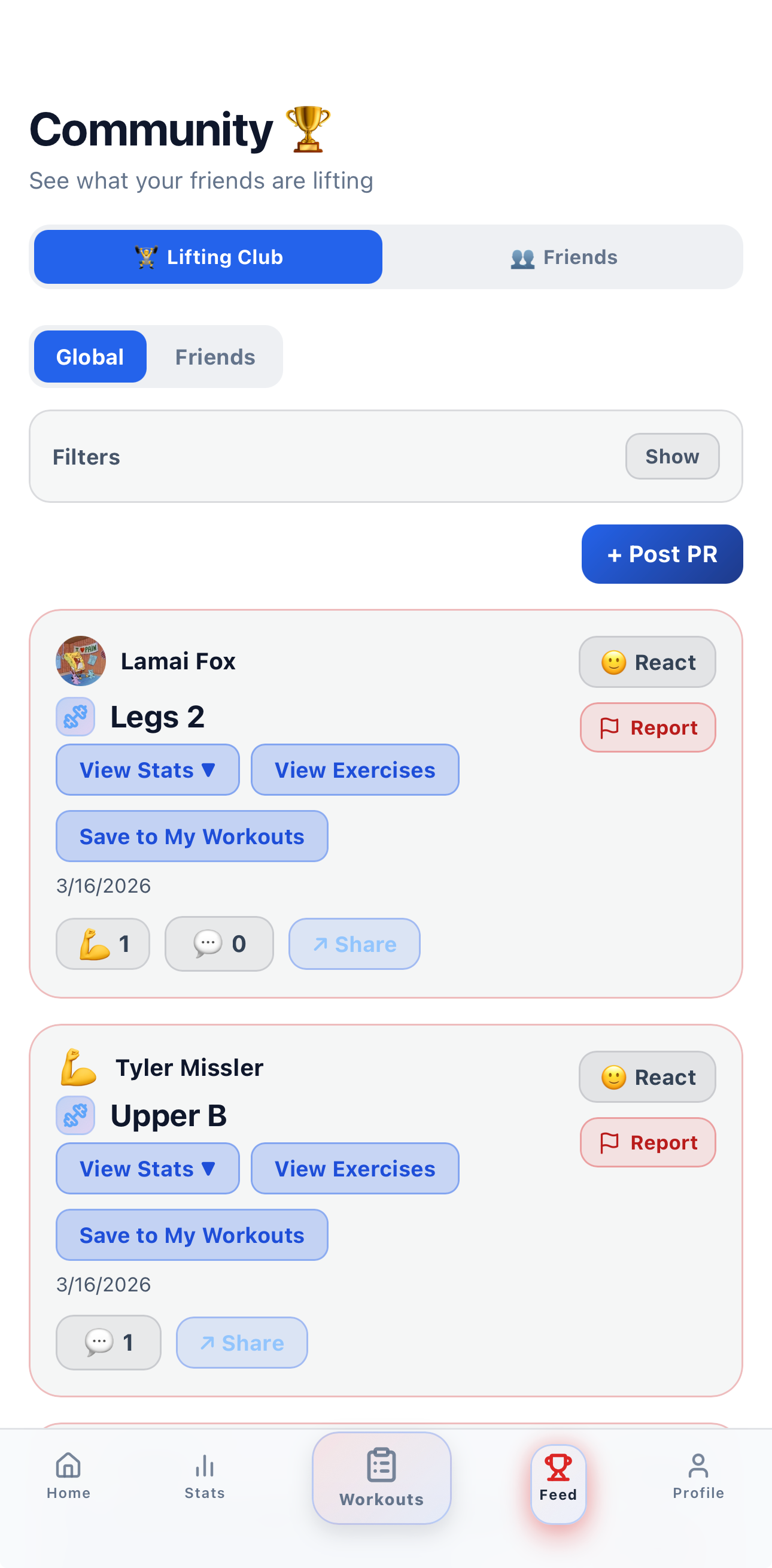 Spottr social feed — see friends' workouts